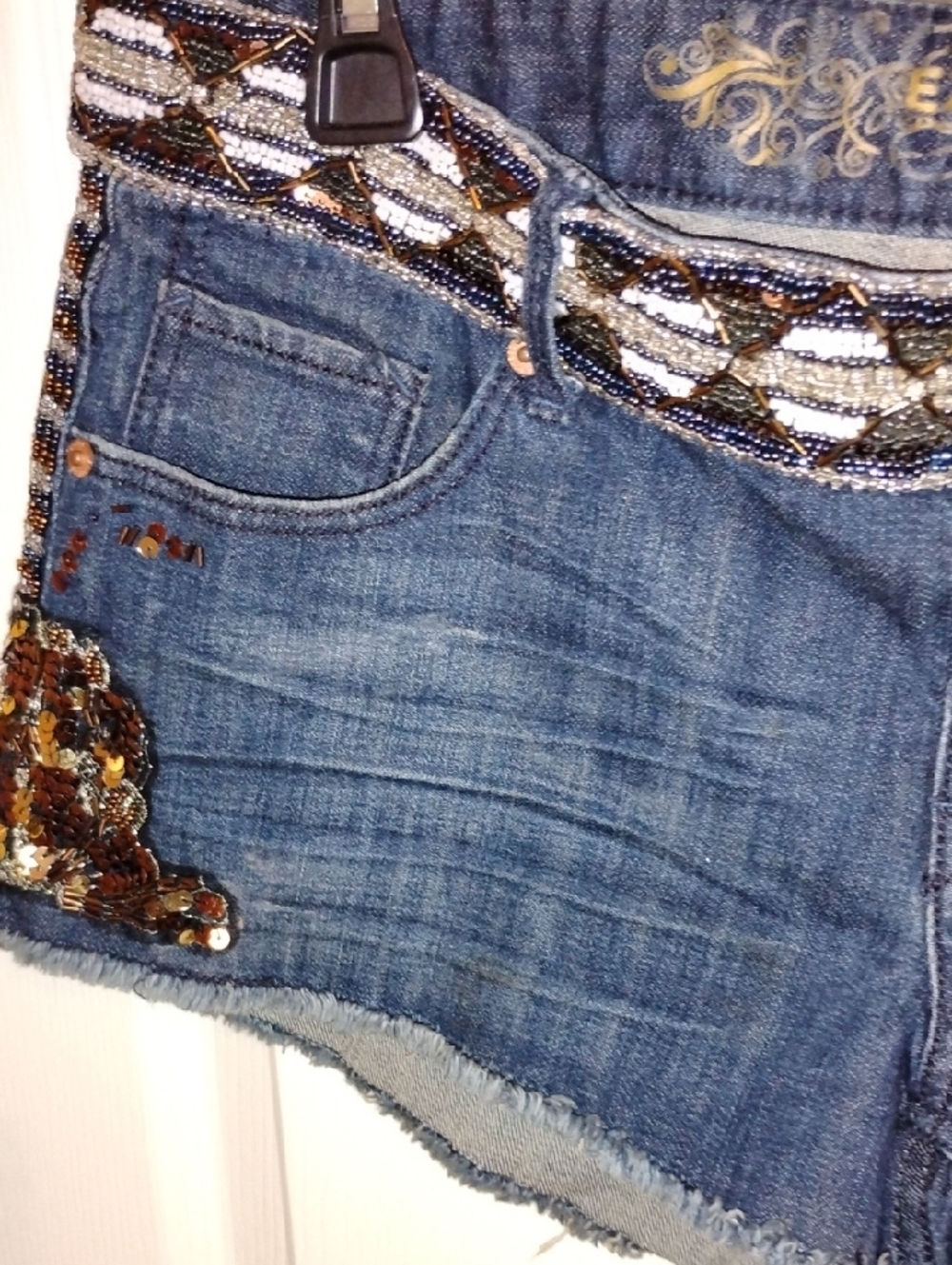 Express Dark Blue Denim Shorts with Gold Sequin Embellishment - Picture 6 of 8